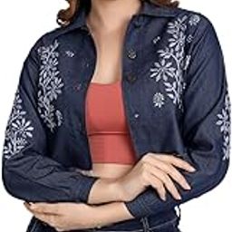 Lucknow Chikankari Hand Embroidered Crop top Denim Jacket-picture-5