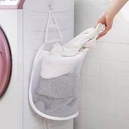 DASTAV Laundry Bag Hanging Dirty Clothes Net Pouch Portable Storage Basket with Handle Household Folding Mesh Bathroom Polyester Hanging Laundry Basket Bag Pack of 1-0