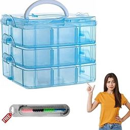 RUSHIL WERE 18 Grid Square Storage Box | 3 Layer | Free 1 Cable Spiral | With Removal Dividers | Detachable | For Jewelry, Craft Beads, Buttons Organizer | Plastic | Blue | 16 x 11 x 14 cm-image-3