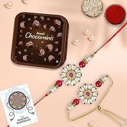 Chocoloony Bhaiya Bhabhi Rakhi with Chocolate Gift Hamper | Designer Floral Rakhi for Brother Kundan Lumba Bracelet for Bhabhi | Roli Chawal Pack & Wishing card-image-93