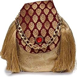 Ethnic Handbags for Women brocade silk Flap with golden Tassel and Chain Velvet potli bags Handcrafted Purse Bag-image-73