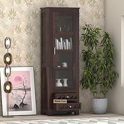 VEER LAXMI FURNITURE Sheesham Wood Bookcases with 4 Shelves 2 Drawer - Wooden Kitchen Crockery Cabinet for Dining Room Kitchen with Glass Door Book Shelf Wooden Rack for Living Room (Hrena Walnut)-image-84