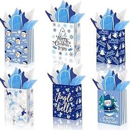 AUSHENKE Christmas Gift Bags Merry Christmas Candy Goodie Bags Christmas Tote Bags with Tissue Paper for Christmas Party Supplies, 12 Pcs-image-1