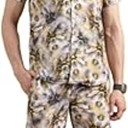 Men's Floral Print Short Sleeve Night Suit Set, White with Grey and Coral Pattern-image-95