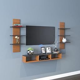 SNQ TV Unit, Cabinet, TV Stand Unit Wall Shelf for Living Room/Wooden Wall Mounted TV Unit, TV Cabinet, TV Stand for Wall, Wall Shelf for Living Room, Set Top Box Stand (Walnut & Black)-image-5