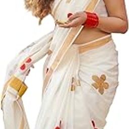 Women's Kerala Kasavu Embroidry Cotton Saree With Running Blouse Piece (red and gold small flower design saree)-image-60