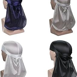 4 PCS Durag, Head Cover for Men, Durag for Men and Women Head Cover Cap Hiphop Style Headwear Fashion Piece Extra Long, Headwear Silk Pirate Cap Wrap Hat-4