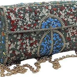 Handmade Cut Stone mosaic metal bag Stone Clutch Ethnic Indian Women/Girls Bridal metal clutch party sling bag (Red)-image-32