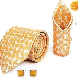 Mens Plaid Pasiley Silk Necktie Gift Set With Pocket Square Cufflinks & Brooch Pin Tie For Men Formal With Leatherite Box (AMBICRX Free Size) | (Leather Gift Box) (Pack of 4)-image-78
