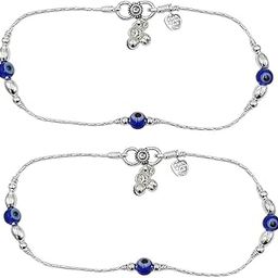 925 Sterling Silver (Chandi) Snake Chain Anklet (Payal) Adjustable Lock with Three Blue Evil Eye Beads for Girls and Women ~ Pack in 1 Pair-11