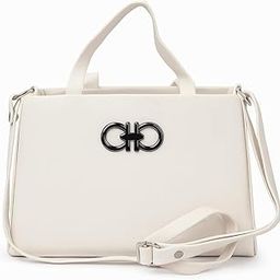Designer Handbag, Cream White Faux Leather, Top Handle Sling Bag with Black Logo Emblem-image-26