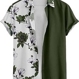 Floral Print Short Sleeve Button-Down Shirt, Navy Blue and White, Split Design-image-42