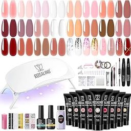 ROSALIND Poly Nail Gel Kit -20 Colors + 76 Nail Art Accessories kit Clear Nude Poly Nails Gel Kit Starter Kit With Slip Solution Pro Nude Pink Nail Extensions Gel Set with Mini UV Lamp-75