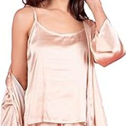 Luxury Satin 3-Piece Nightwear Set for Women | Women's Blush Nude Camisole, Shorts & Robe | Night Wear Set of Top and Pyjama | Shirt and Pajama | Beige-image-33