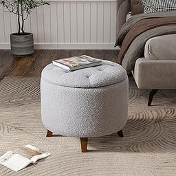 Furniliving Upholstered Button Tufted Round Ottoman, Teddy Storage Ottomans Round, Removable Lid Convenient Footstools, Bedroom Ottoman with Storage for Vanity, Living Room, Grey-image-113