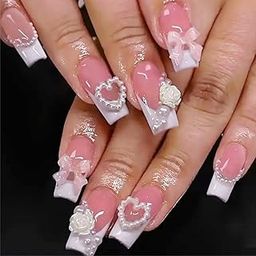 Secret Lives Glossy Reusable Artificial Pink & White Color with 3D Heart & White Pearls Heart Design Press on nails 24 Pieces Set with Kit-image-54