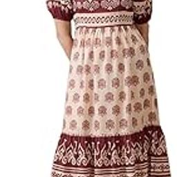 Women Square Neck Puff Sleeves Ethnic Print Smocked Tiered Fit & Flare Midi Dress-image-19