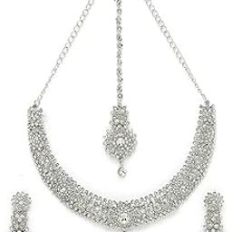 Fashion Rhodium Plated Silver AD White Stone Collar Bone Necklace Set With Earring And Maangtika | Jewellery Set For Women (NS105671)-image-22