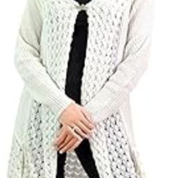 Women Ladies Girls Winter Wear Latest Color Woolen V-Neck Open Front Hem Long Sleeves White Shrug Cardigan Sweater (Freesize)-15