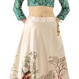 Women's Digital Print Satin Lehenga Choli Set, Printed Crop Top with Long Sleeves, Traditional Ethnic Wear, Green and Beige-picture-16