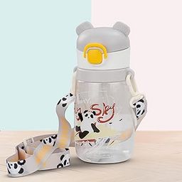 BAYBEE Bamboo Sipper Water Bottle with Straw for Kids | Leak Proof Sippy Water Bottle with Adjustable Strap | BPA Free & Non-Toxic 550ml Capacity | Drinking Sippy for School Kids Boys Girls (Grey)-image-74