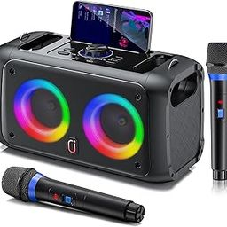 Karaoke Machine with 2 Wireless Microphones,Portable Bluetooth Speaker for Adults & Kids,PA System Singing Karaoke Speaker with LED Lights,Supports TF Card/USB, AUX in,TWS for Party-picture-23
