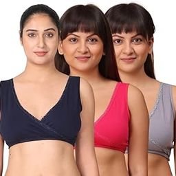 | Feeding Bras for Women Cotton | Bra for Mother | Baby Safe Bra with No Hooks Or Clips | Slip On Style Feeding Bra | Pull Over Cup | Pack of 3-picture-29