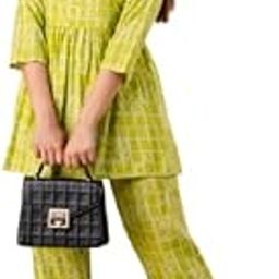 Women's Lime Green Geometric Print Peplum Top and Pants Set, 3/4 Sleeve Rayon Loungewear-image-2