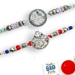 Peacock Rakhi Set for Brother and Bhabhi | Designer Silver Plated Rakhis for Bhaiya Bhabhi Bro Sister | Krishna Rakhi for Kids Combo for Rakshabandhan Set with Best Wishes, Set of 2 (Pack of 1)-picture-12