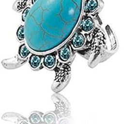 Good Luck Tortoise Design Turquoise Rhinestone Big Turtle Silver Plated Adjustable Rings for Women and Girl's-image-40