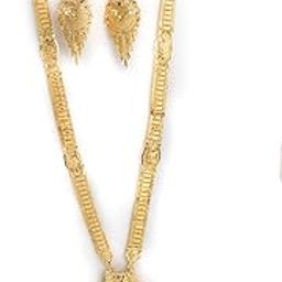 Traditional Gold-Plated Necklace and Earrings Set, Fan Design with Dangling Chains, Ethnic Indian Style-38