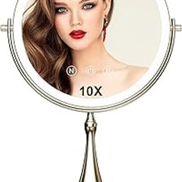 9 "Large Light Makeup Mirror, 1x / 10x True HD Magnifying Mirror, 3-Color Light dimmable, 2 Rechargeable Makeup Mirrors 360° Rotation, Standing Desk Makeup Mirror, Brush Nickel-picture-41