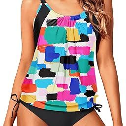 Tankini Swimsuits for Women Blouson Swim Tops with Bikini Bottoms Athletic Two Piece Bathing Suits Double Up Swimwear, Color Block, Large-image-87