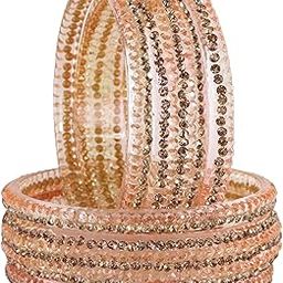 Fancy Glass Bangles Set For Women & Girls Studded with Gold Zircon Diamonds & Crystal Beads | Trendy Transparent Glass Bangles Kangan | Kada Chudi Set For Wedding, Party, Daily-Set of 6 Bangle-7