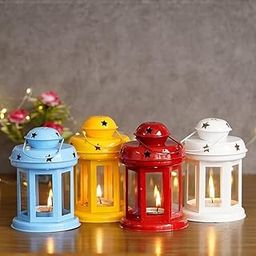Decorative Mini Metal Lanterns with Star Cutouts, Set of 4, Multicolour - Blue, Yellow, Red, White-image-21