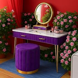 Vrikri Ottoman Stool Velvet Pouf Round Sitting Foot Stool for Office Room Décor, Mudha Upholstered Pouffe Round Puffy Footstool for Living Room, Bed Room, Office & Home Décor- Purple-image-56