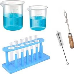 Bello Combo Pack of 11 Lab Products | Plastic Beaker 250ml & 500ml, Test Tube Stand, Holder & Cleaning Brush with Test tubes 15X125MM (6 pcs) for School Collage Chemistry lab Laboratory-12