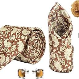 Mens Plaid Micro Self Silk Necktie Gift Set With Pocket Square Cufflinks & Brooch Pin Tie for Men Formal Tie Set with Box (Pack of 4) (Brown, 2022AX_5)-picture-4