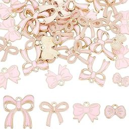 1 Box 40Pcs 4 Style Romantic Enamel Flat Bowknot Charms Pink Bow Tie Kawaii Dangle Pendants Bulk For Women Jewellry Making Earrings Necklace Bracelets Valentine's Day DIY CraftsSupplies,-49