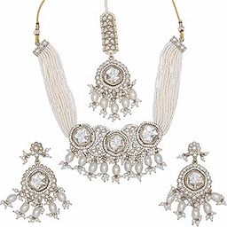 Lavanya Pearl and Polki Choker Necklace Set, Traditional Indian Style, Gold-Toned with Pearl Drops-image-59