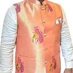 Men's Traditional Vest,PAITHANI JACKET, Peach Color with Floral Embroidery, Button Front-8