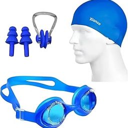 Xianco Swimming Set with Goggles, Cap, Nose Clips, and Ear Plugs, Blue-27