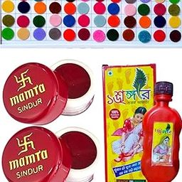 Sindoor Maroon 20g (Pack of 2) with Alta Red Feet Colour (50ml) and Multicolour Velvet Bindi-2