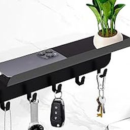 Spacecrafts® Metal Key Holder for Wall with Mobile Phone Stand | Key Stand | Multipurpose Key Holder | Shelf with 5 Key Hooks - Wall Mount (Black)-image-2