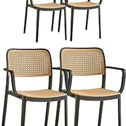 My Art Design - Set of 4 Faux Rattan Dinning Chair Modern Stackable Desk, Home & Outdoor (Black with Arm Rest)-14