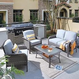 OMCCO 4 Piece Outdoor/Indoor Patio Furniture Set Waterproof Weaving Rattan & Wicker Couch Sofa Set with Powder-Coated Iron Conversation Bistro Set for Balcony Lawn Terrace Backyard Poolside (Grey0298)-image-31