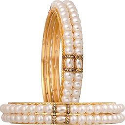 Elegant Gold-Plated Pearl Studded Bangles for Women - Set of 4-image-3