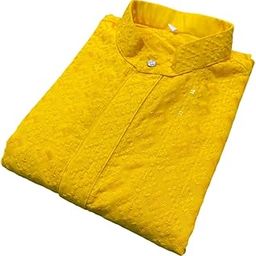 Men's Yellow Sifli Jacquard Kurta – Festive-image-1