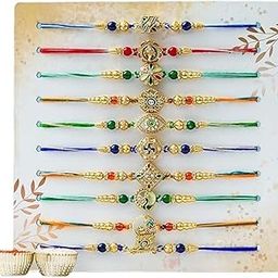 Handcrafted Traditional 10 Pcs Rakhi with Greeting Card and Tilak Set-image-51