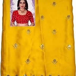 Malai Satin Unstitched Blouse Fabric, Yellow with Embroidered Floral Design, 1 Metre-image-62